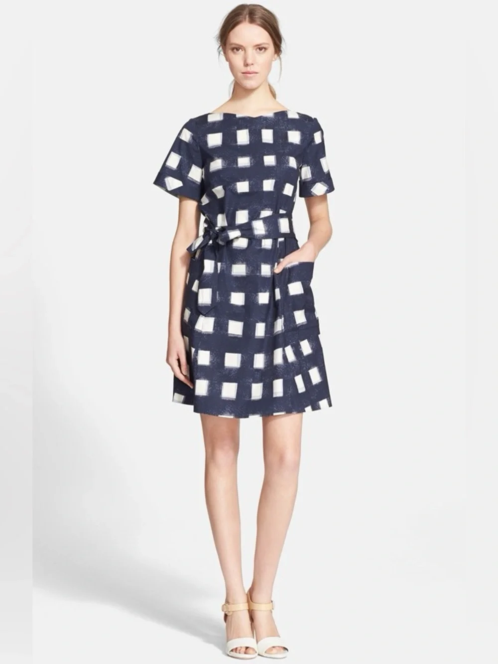 Tory Burch 10 Navy White Square Print Tie Waist Mini Dress Watercolor Geometric